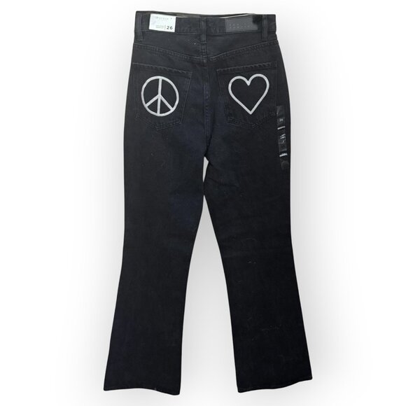 New PACSUN Women’s Button Fly Black High Rise Bootcut Jeans Size 26 Heart/Peace - Picture 2 of 3